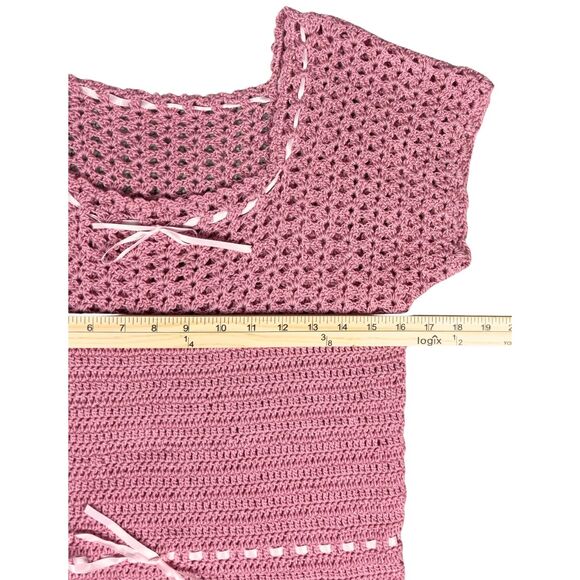 Womens Sweater Open Crochet Short Sleeve Pullover Small Pink Casual Y2K Coquette - Picture 6 of 6